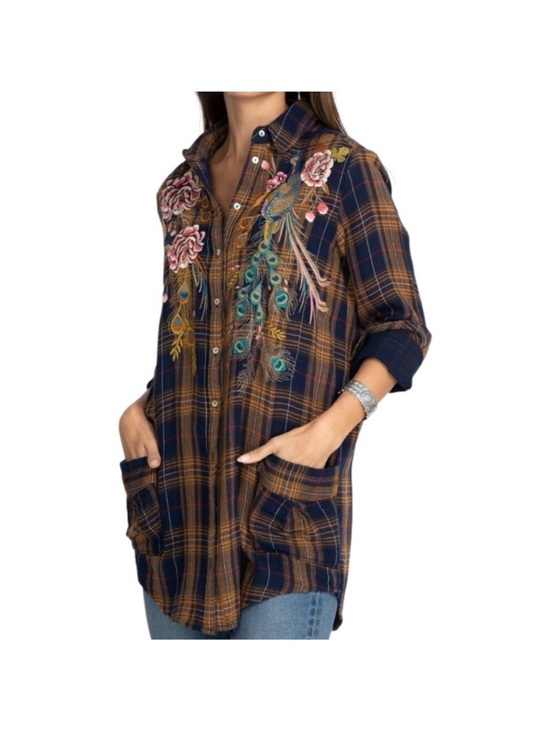 Johnny Was Tops - Johnny Was Quito Painters Smock Size Small Tunic Plaid Floral Peacock Gauze Soft
